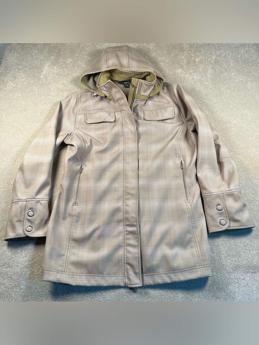 Woolrich Jacket Coat Stone Beige Hooded Zip Up Plaid Fleece lined Women's XL
